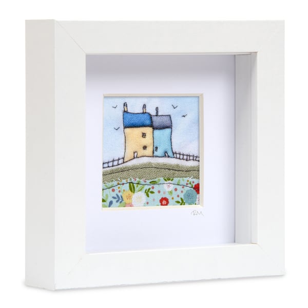 Little 3D houses fabric picture, textile art, gift