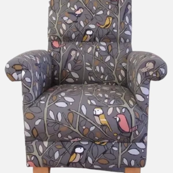 Tweety Birds Fabric Adult Chair Charcoal Grey Armchair British Birds Nursery 