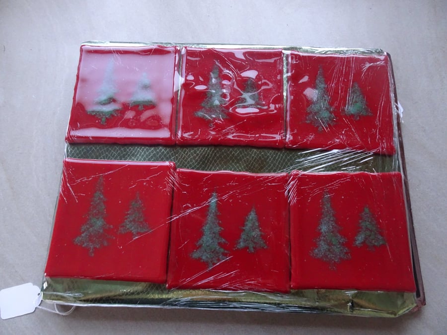 Fused Glass Set of Six Wine Coasters. 4" Square. Red and Green Christmas Tree 