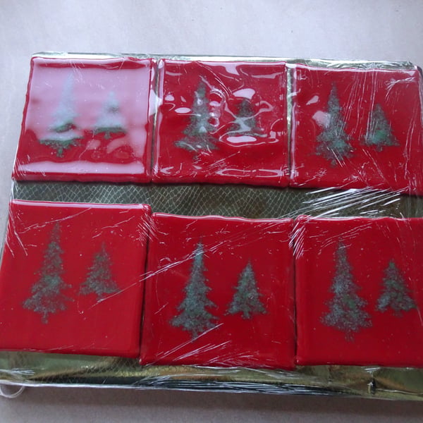 Fused Glass Set of Six Wine Coasters. 4" Square. Red and Green Christmas Tree 