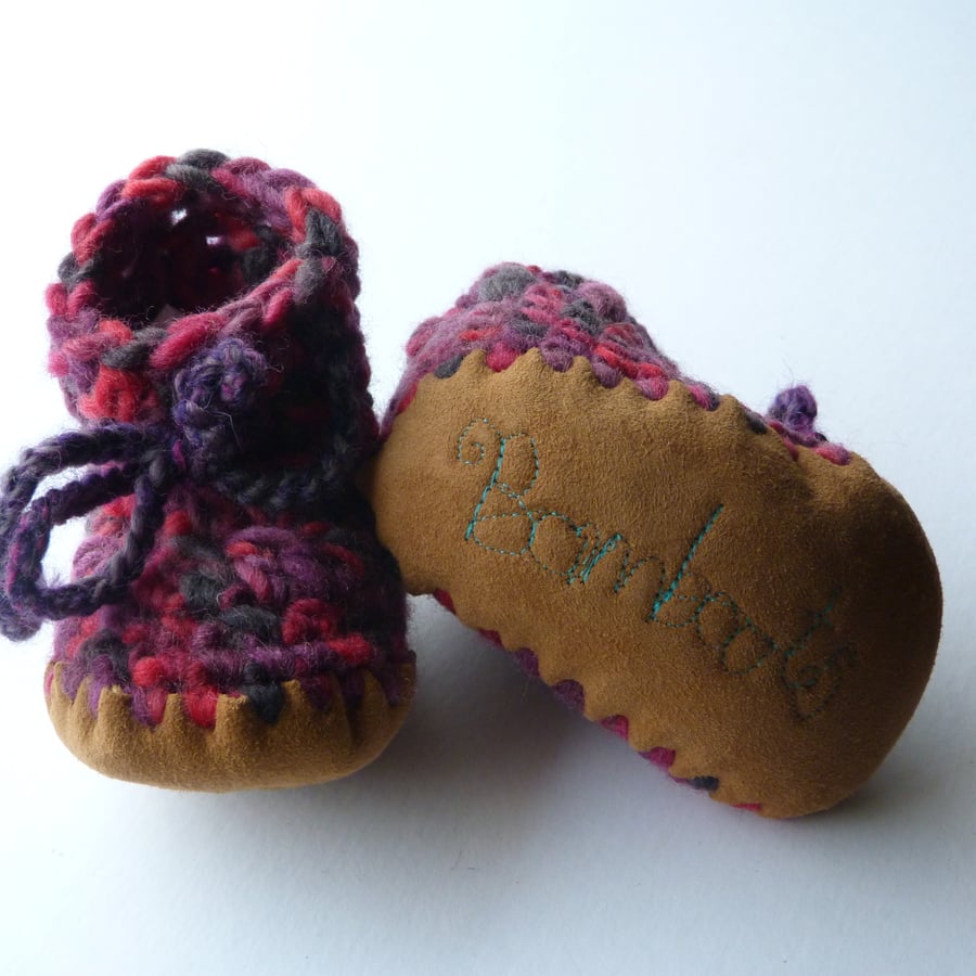 Wool & leather baby boots - purple pink camo - 6-12 months