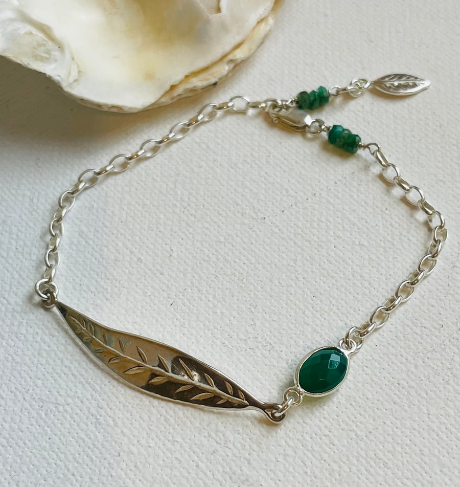Sterling silver leaf and Green Onyx  bracelet