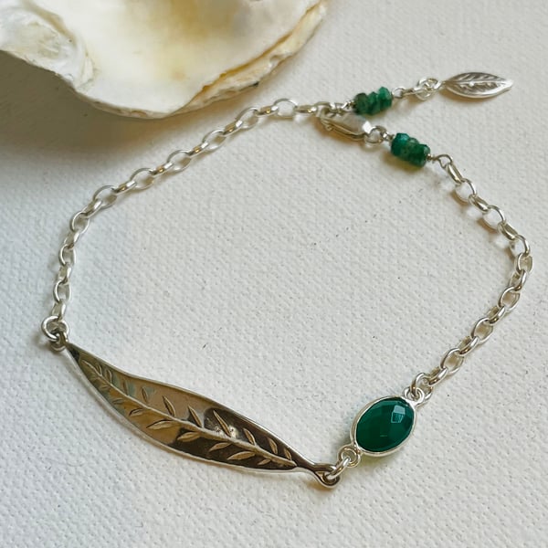 Sterling silver leaf and Green Onyx  bracelet