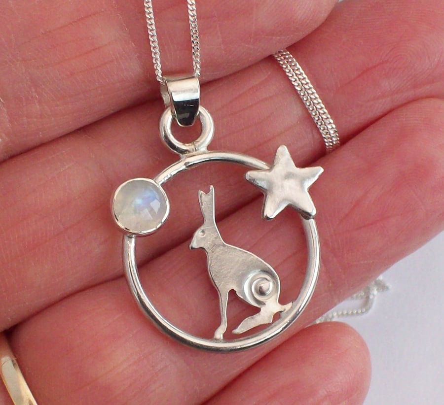 Hare Necklace , Midnight Hare with Rainbow Moonstone Sterling Silver 925