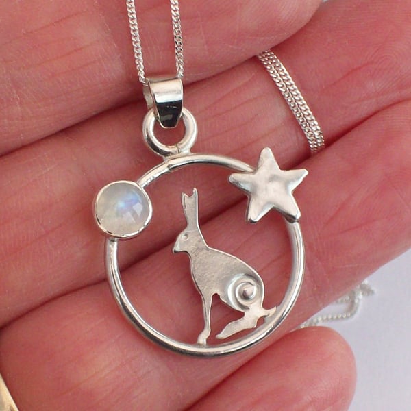 Hare Necklace , Midnight Hare with Rainbow Moonstone Sterling Silver 925