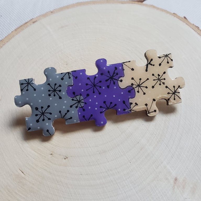 Hand-painted Jigsaw Brooch Resin Coated - Grey, Purple and Cream
