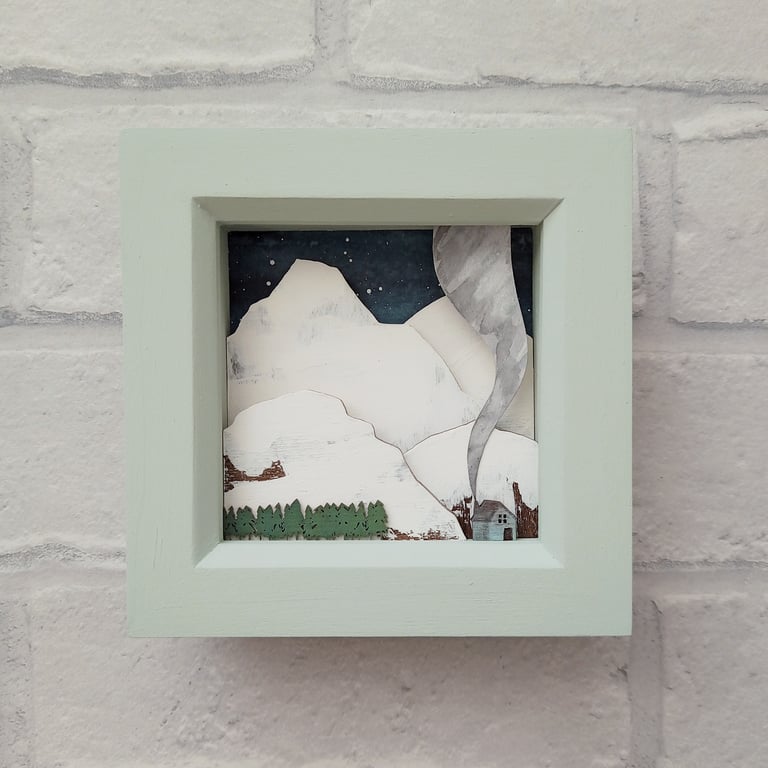 Mountain Picture, Winter Landscape Diorama, Cabin in the Mountains