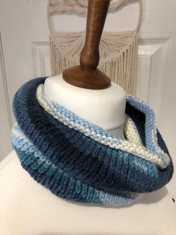 Handknitted Blue Ribbed Cowl Neck Warmer 63 x20 cms
