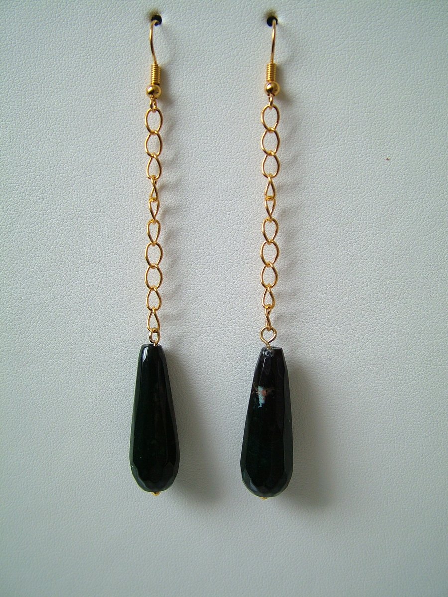Green Agate Chain Drop Earrings - Handmade 
