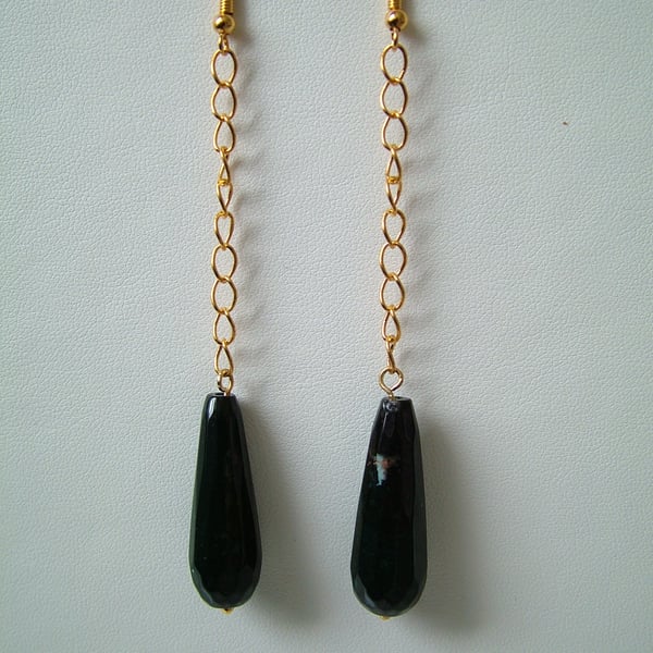 Green Agate Chain Drop Earrings - Handmade 