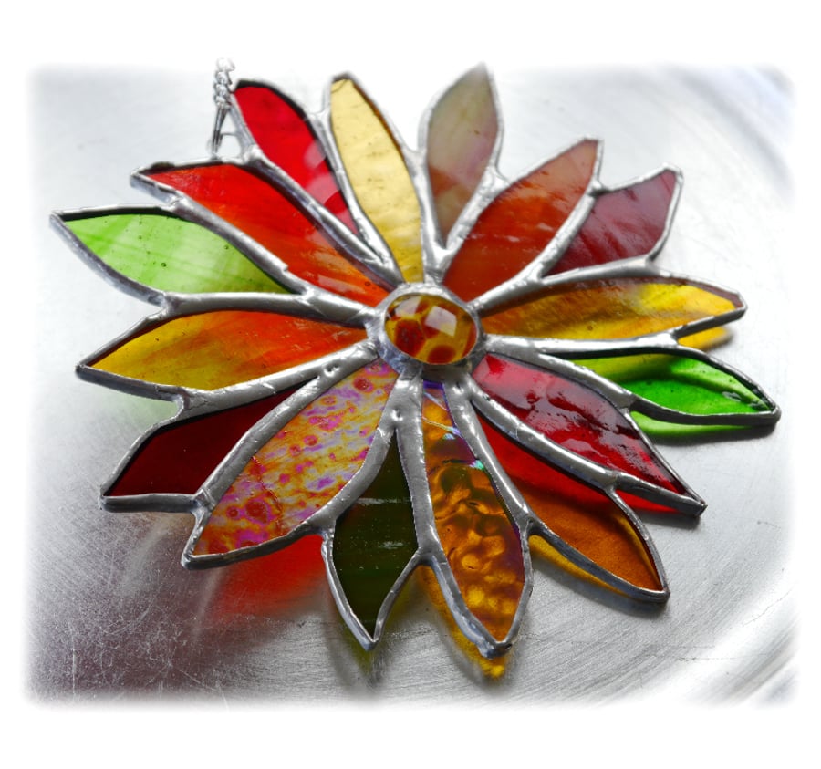 SOLD Autumn Flower Stained Glass Suncatcher Handmade 