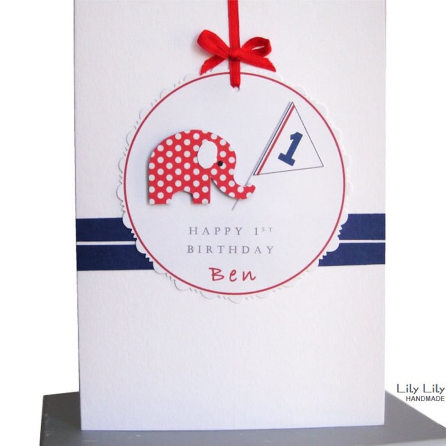 Handmade 1st Birthday Card - Personalised Elephant Design