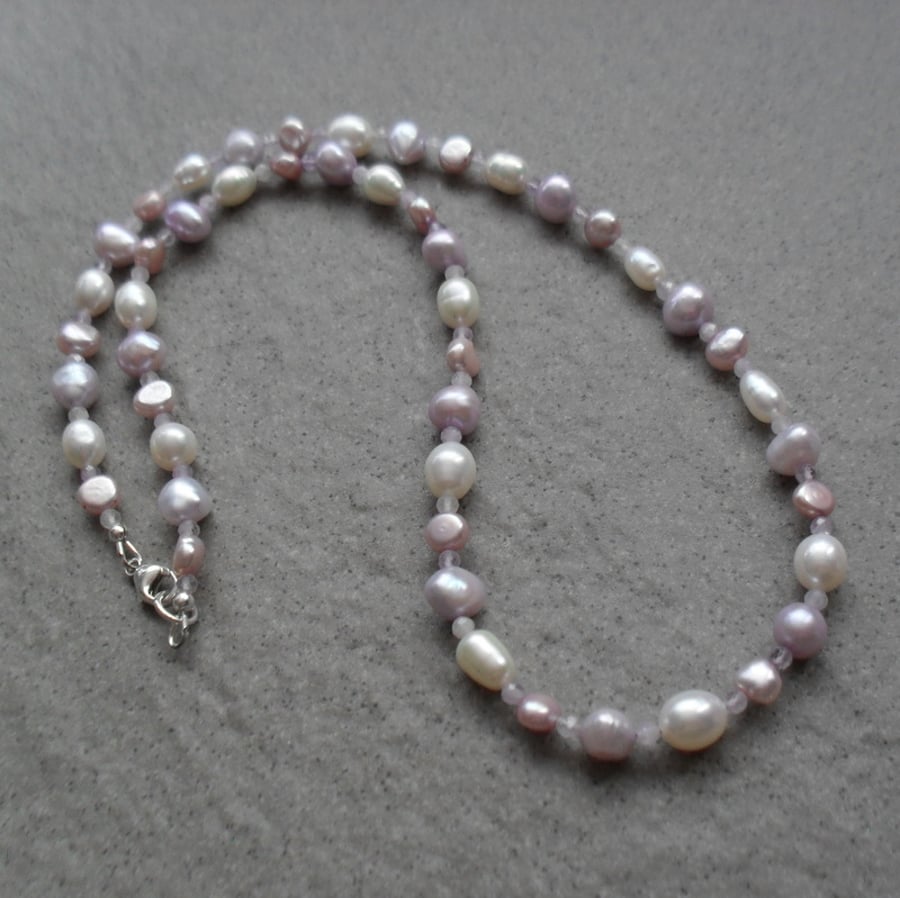 Pastel Colours Pearl Necklace With Amethyst Semi Precious Gemstone Necklace