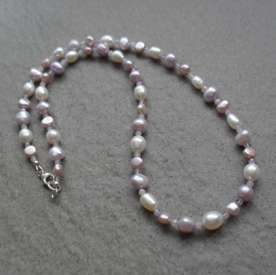 Pastel Colours Pearl Necklace With Amethyst Semi Precious Gemstone Necklace