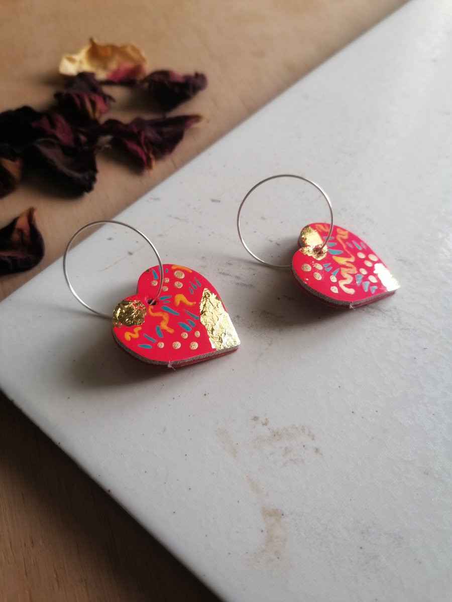 Heart Hoop Earrings - Rio Red & Gold Leaf