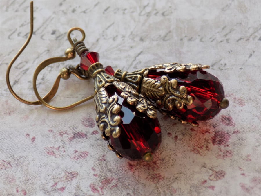 Siam Red Crystal Dangle Earrings, Art Nouveau Vintage Style Crystal Earrings