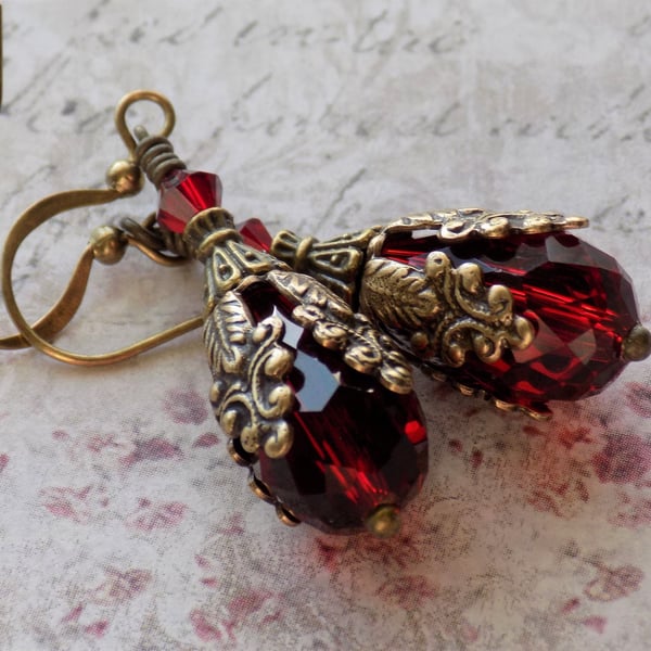 Siam Red Crystal Dangle Earrings, Art Nouveau Vintage Style Crystal Earrings
