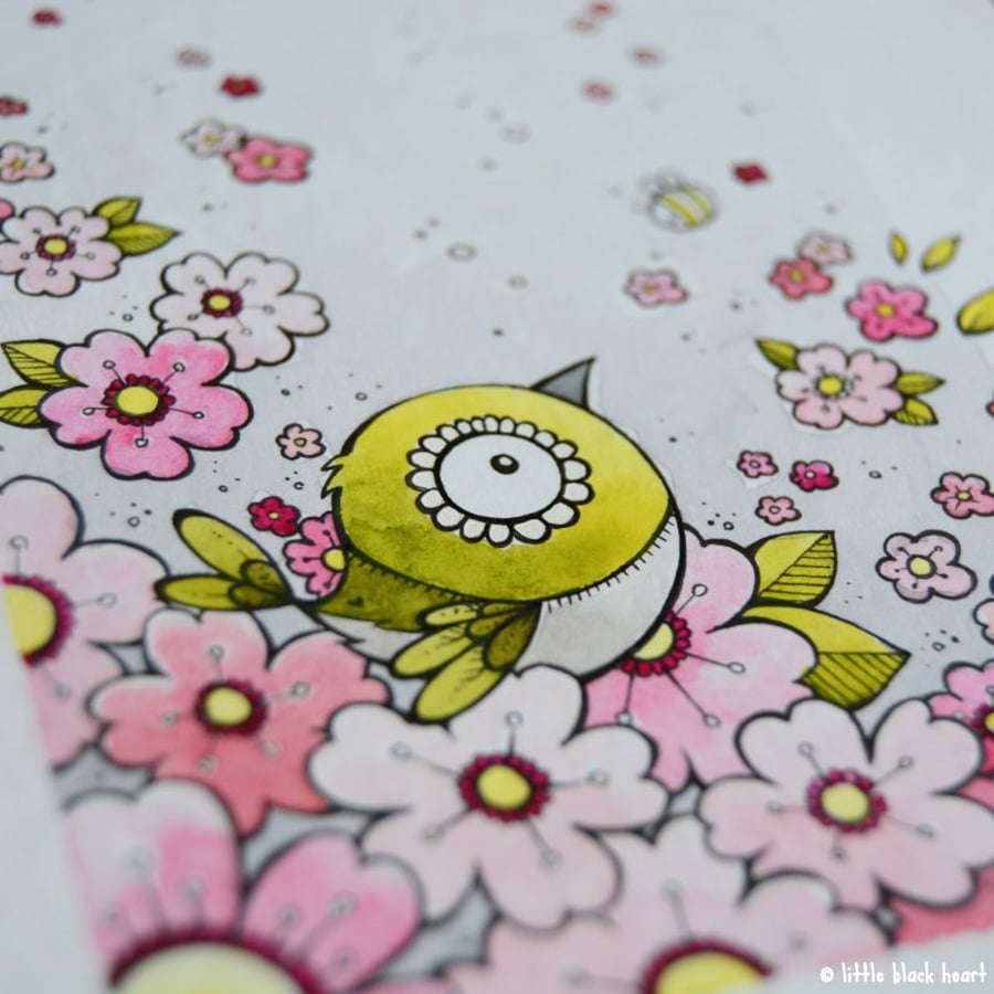 white eye in the cherry blossom - original A6 illustration
