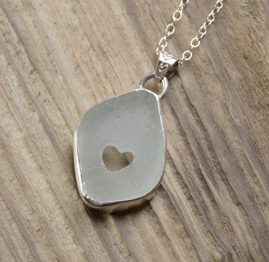 Bezel set sterling silver and seaglass heart pendant 
