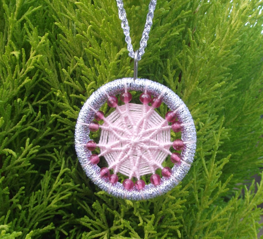 Christmas Decoration, Dorset Button, Pink, Silver, Pink Beads, Handmade