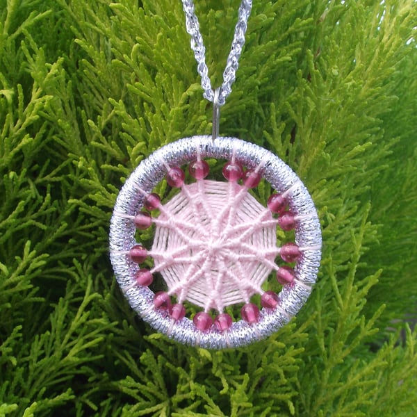 Christmas Decoration, Dorset Button, Pink, Silver, Pink Beads, Handmade