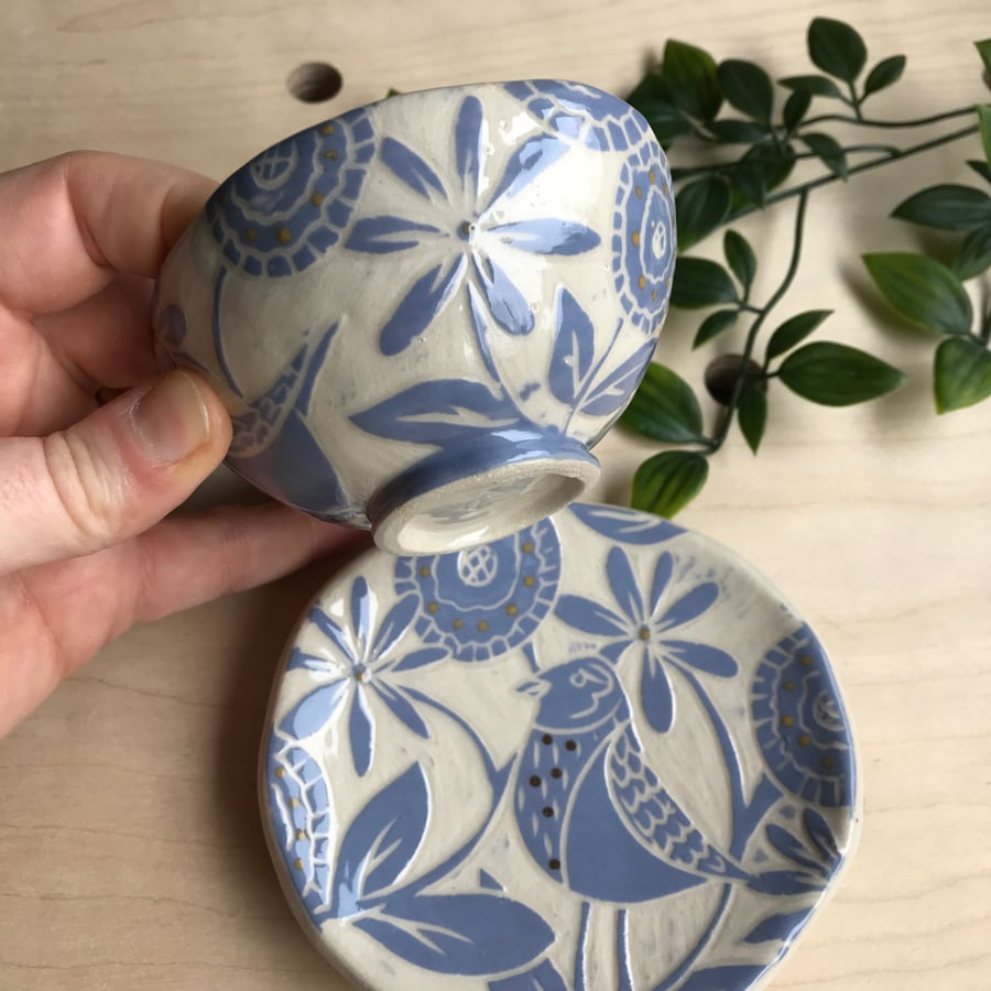 Handmade stoneware lilac birds and flowers snack plate and bowl set