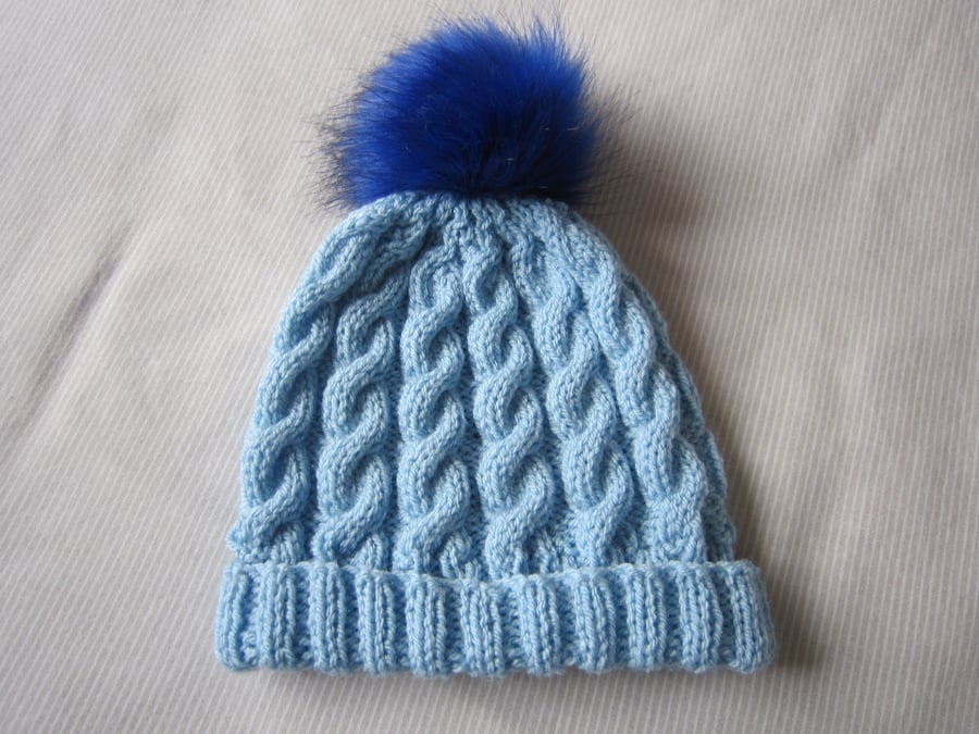 Blue Baby hat, knitted hat, boys hat, pom pom hat, Baby Beanie, Age 1-2 years