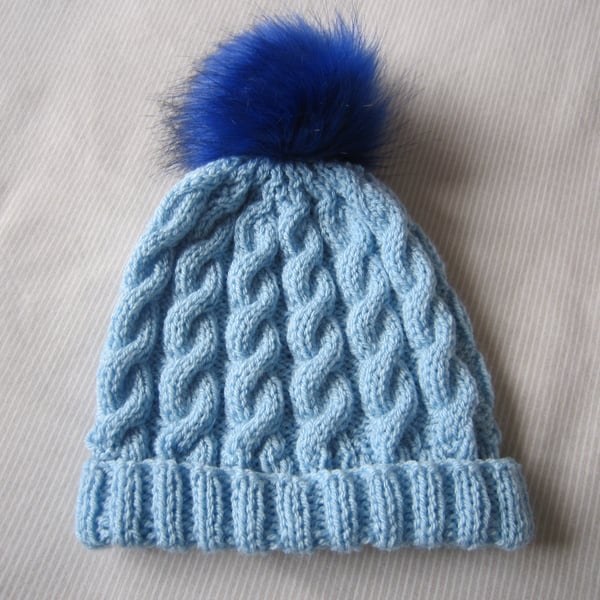 Blue Baby hat, knitted hat, boys hat, pom pom hat, Baby Beanie, Age 1-2 years