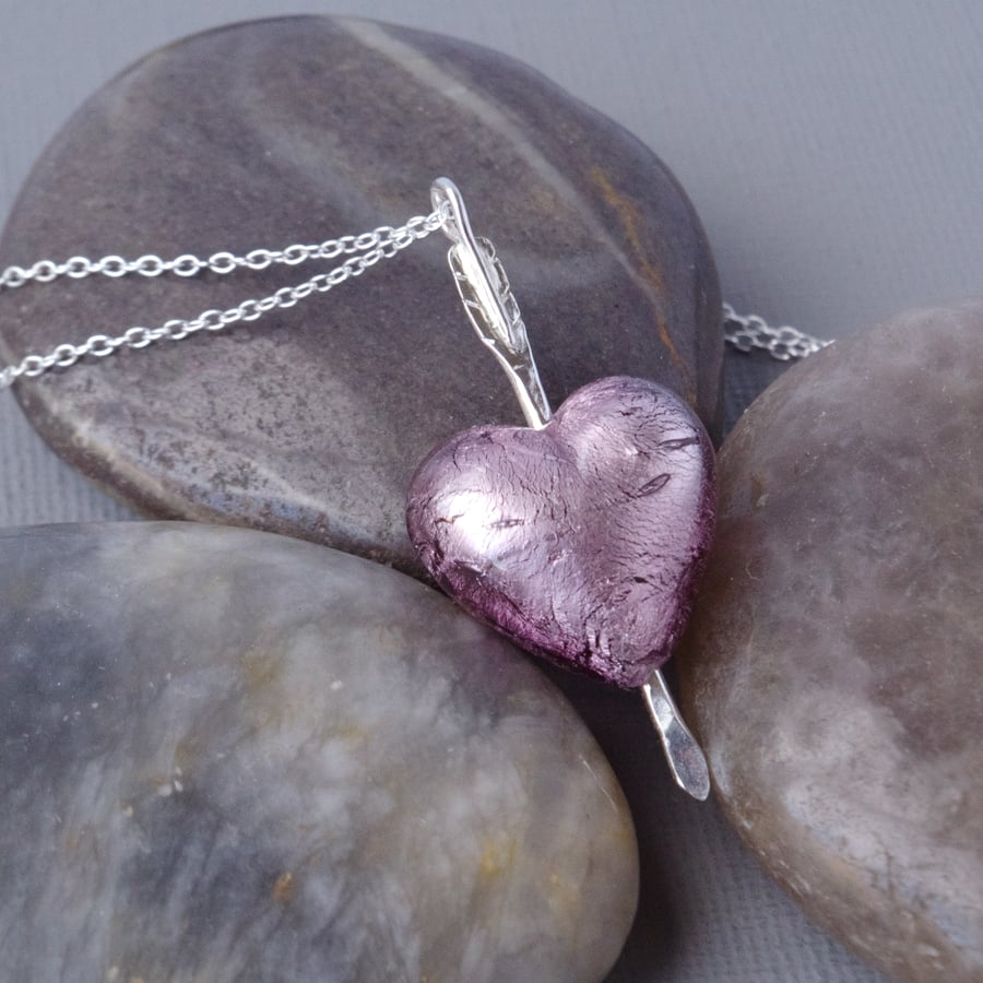 Light Amethyst Murano Heart Pierced by Sterling Silver Arrow Pendant
