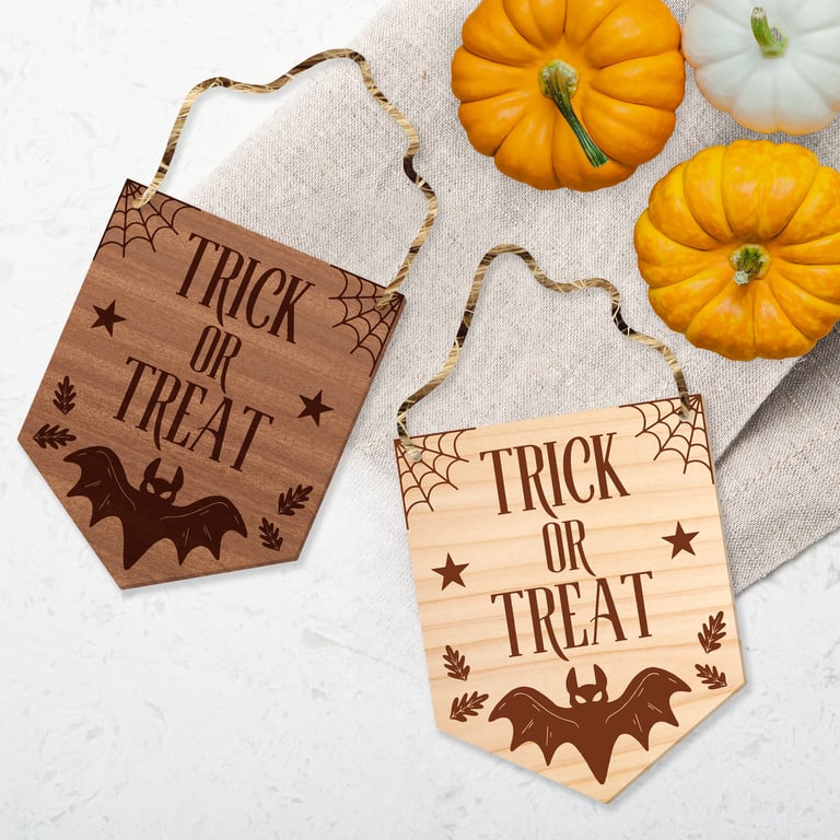 Trick Or Treat - Bat Front Door Halloween Sign, Wooden Door Plaque, Spooky Sign