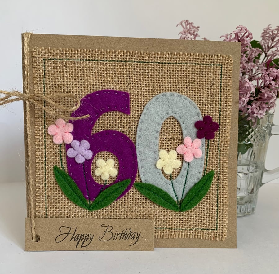 Handmade 60th Birthday Card. Felt. Keepsake Card. Textile Card.