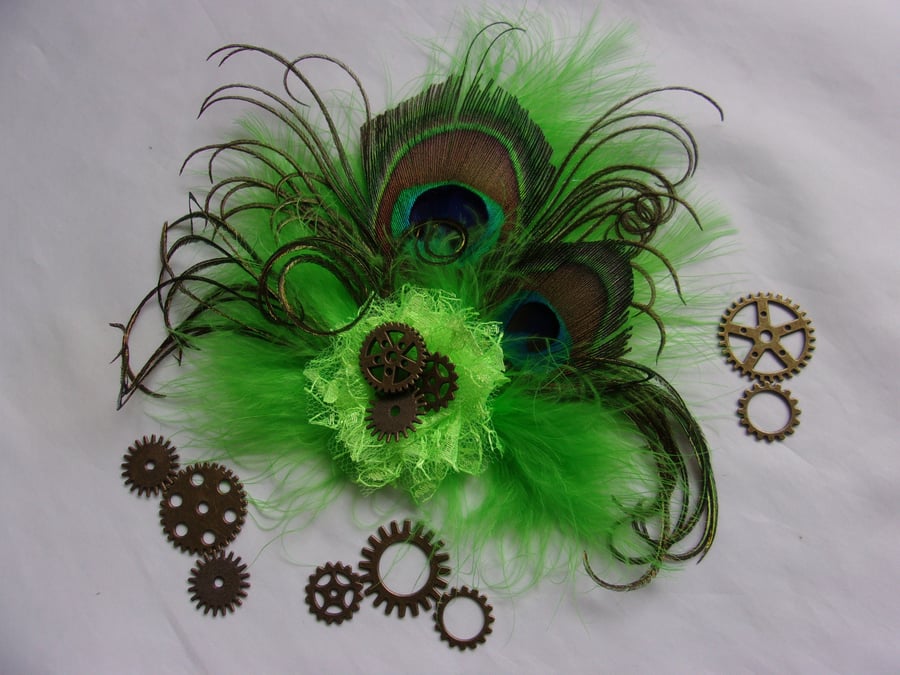 Lime Green Peacock Feather Steampunk Hair Clip Fascinator
