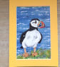 Puffin small original painting in yellow cardboard mount.   - Image 2