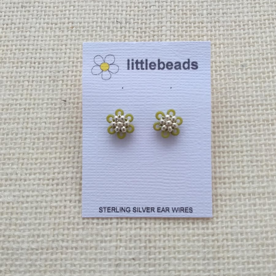 Olive Green and Silver Daisy Stud Sterling Silver Earrings