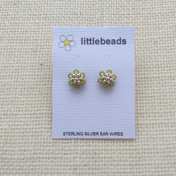 Olive Green and Silver Daisy Stud Sterling Silver Earrings