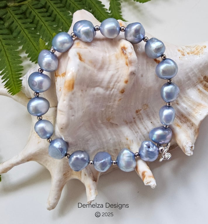 Silver Blue Large Natural Potatoe Pearl Sterling Silver Bracelet