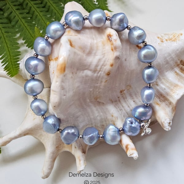 Silver Blue Large Natural Potatoe Pearl Sterling Silver Bracelet