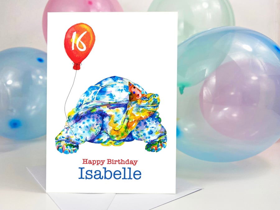 Fun tortoise personalised birthday card for him or her, premium quality