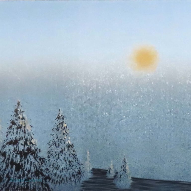 Silence and snow landscape night trees lino print twilight sunset night fall