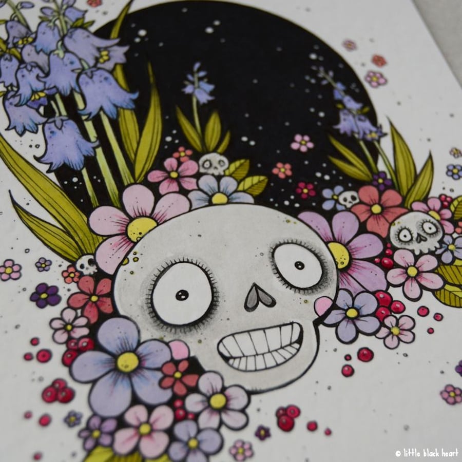 bluebells skull - original A6 illustration