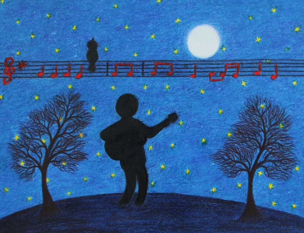 Guitar Card, Music Moon Stars Art Card, Guitarist Birthday Card, Christmas Card
