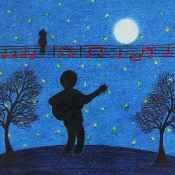 Guitar Card, Music Moon Stars Art Card, Guitarist Birthday Card, Christmas Card