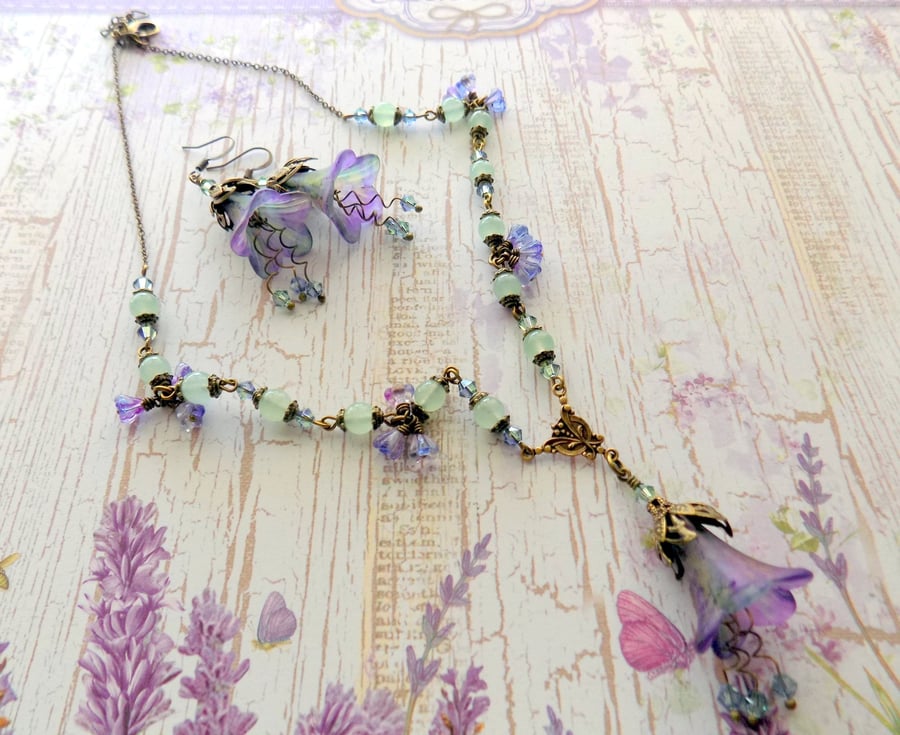 Lavender and Mint "Provence" Hand Painted Lucite Flower Necklace