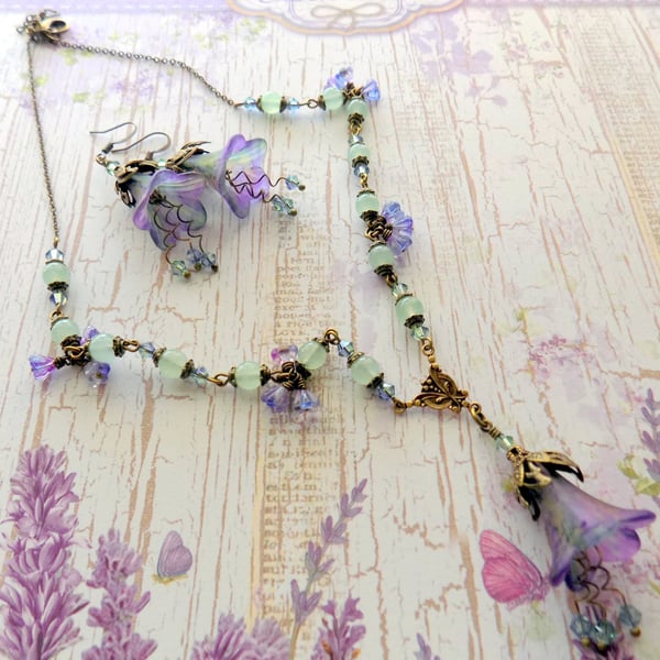 Lavender and Mint "Provence" Hand Painted Lucite Flower Necklace