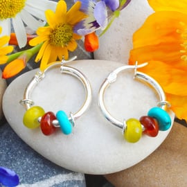 Turquoise Earrings, Carnelian, Serpentine, Silver Hoop Earrings, Handmade, No.4