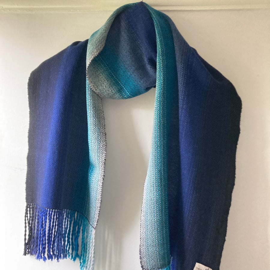 Hand Woven Merino Lambswool Herringbone Deep Blue Sea Scarf