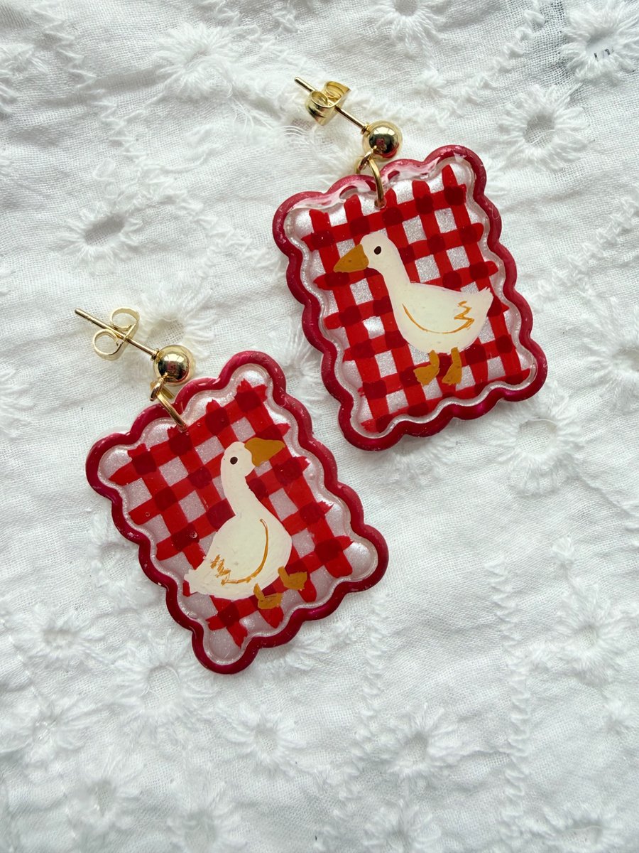 Red Gingham Goose Earrings