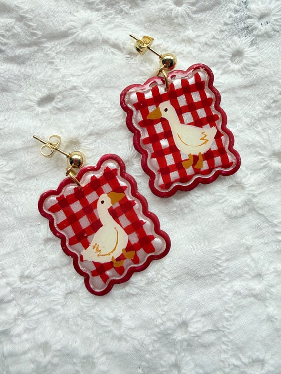 Red Gingham Goose Earrings