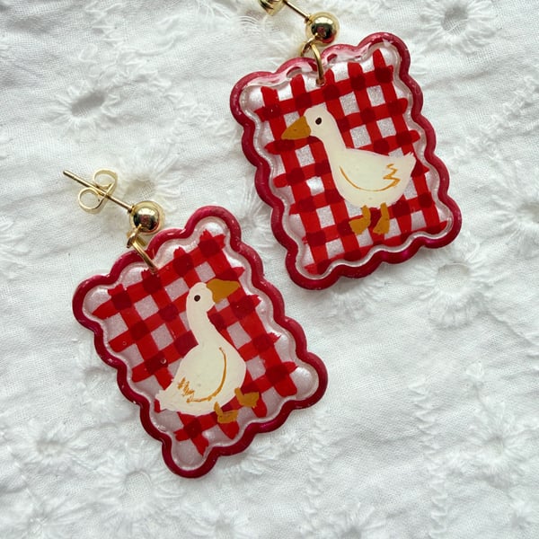 Red Gingham Goose Earrings