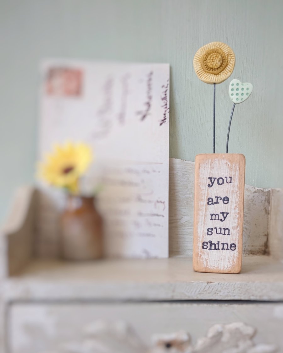 Clay Sunshine in a Wood Block 'You are my Sunshine'